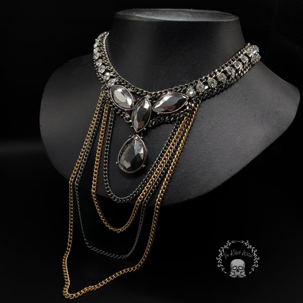 Modern Dark Academia Gothic Gunmetal & Gold Tiered Chain Teardrop Necklace